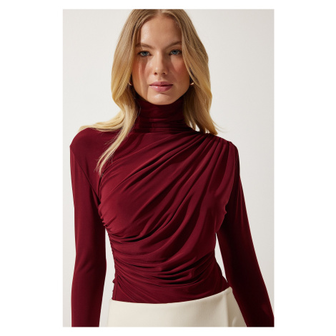 Happiness İstanbul Women's Burgundy Gather Detailed High Collar Sandy Blouse