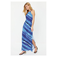 Trendyol Blue Tie-Dye Patterned Straight Cut Sleeveless Maxi Lined Satin Woven Dress