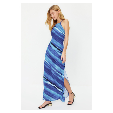 Trendyol Limited Edition Blue Tie-Dye Patterned Straight Cut Sleeveless Maxi Lined Satin Woven D