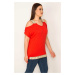 Şans Women's Plus Size Red Off-the-shoulder blouse with sequined lace detail around the neck and