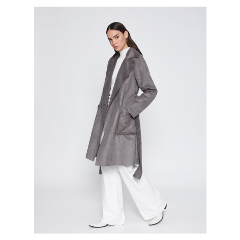 Koton Suede Look Dlouhý kabát s širokým reverzním límcem a kapsou