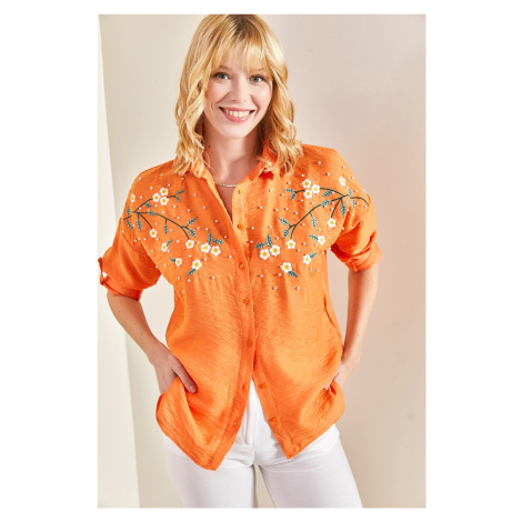 Bianco Lucci Women's Daisy Embroidered Folding Sleeves Airon Linen Shirt