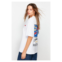 Trendyol White 100% Cotton Printed Oversized/Wide Fit Crew Neck Knitted T-Shirt