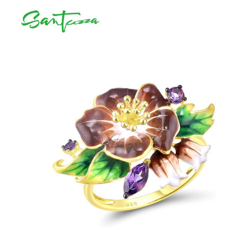 Stříbrný prsten s pozlacením hnědá květina FanTurra