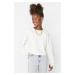 Trendyol White Thick Fleece Comfort Fit Crop Sleeve Printed Knitted Sweatshirt