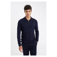 DEFACTO Men's Navy Blue Standard Fit Regular Cut Stand Collar Semi Zipper Knitwear Sweater