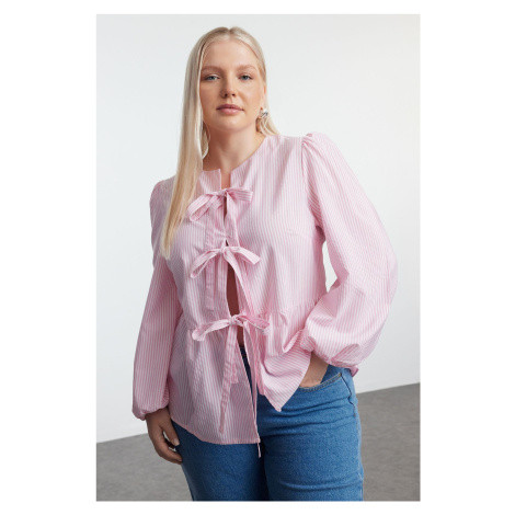 Trendyol Curve Pink Bow Tied Striped Long Sleeve Woven Plus Size Shirt