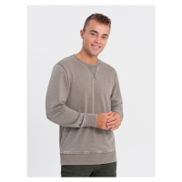 Washed men's sweatshirt with decorative stitching at the neckline - beige V2 OM-SSDS-0131