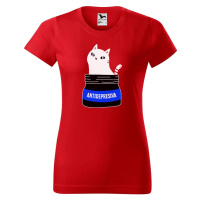 DOBRÝ TRIKO Dámské tričko s potiskem s kočkou ANTIDEPRESIVA Barva: Červená