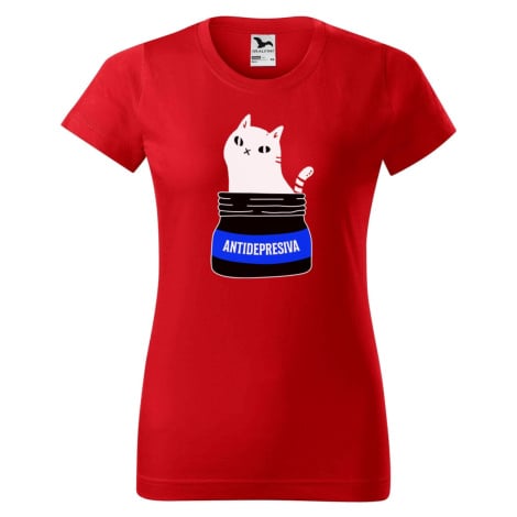 DOBRÝ TRIKO Dámské tričko s potiskem s kočkou ANTIDEPRESIVA Barva: Červená
