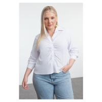 Trendyol Curve White Women's Long Sleeve Gathered Woven Plus Size Shirt