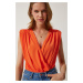 Happiness İstanbul Women's Orange Wrapover Neck Padded Snap-On Knitted Blouse