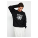Trendyol Black Oversize/Wide Cut Crew Neck Fluffy Printed Sweatshirt