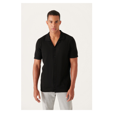 Avva Men's Black Cuban Collar Buttoned Regular Fit Knitwear T-shirt