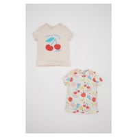 DEFACTO Baby Girl Newborn Envelope Collar Fruit Patterned Combed Cotton Short Sleeve 2-Pack Snap