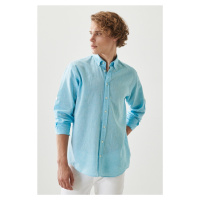 AC&Co / Altınyıldız Classics Men's Turquoise Comfort Fit Relaxed Cut Linen Buttoned Collar Casua