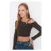 Trendyol Brown With Accessory Detail Pierced Fitted Crop, Corduroy Knitted Stretch Blouse