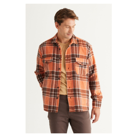 AC&Co / Altınyıldız Classics Men's Brown-Orange Oversize Wide Cut Buttoned Collar Plaid Winter S