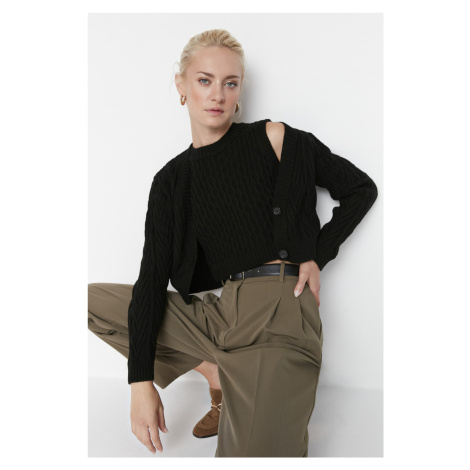 Trendyol Black Crop-Knitted Blouse-Cover Cardigan Sweater Suit