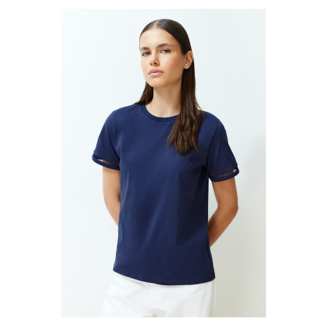 Trendyol Navy Blue 100% Cotton Embroidery Detailed Basic Crew Neck Knitted T-Shirt