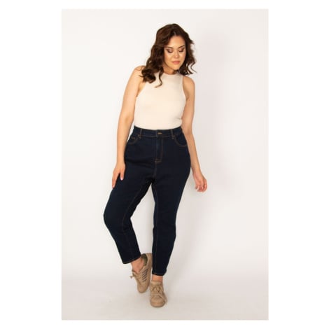 Şans Women's Plus Size Navy Blue High Waist 5 Pockets Slim Leg Lycra Jeans Pants