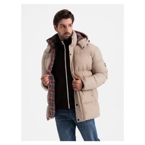 Ombre Men's puffer jacket with check lining - beige