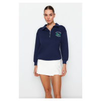 Trendyol Navy Blue Zipper Collar Embroidery Detail Regular Fit Knitted Sweatshirt with Fleece In