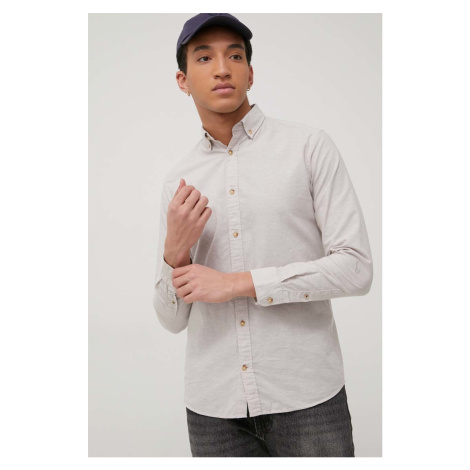 Košile ze směsi lnu Jack & Jones pánská, béžová barva, slim, s límečkem button-down