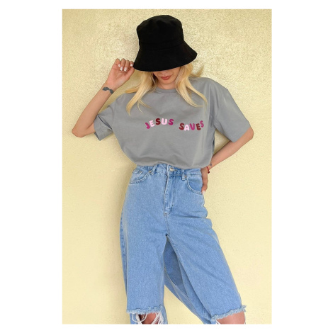 Madmext Gray Printed Oversized T-Shirt.