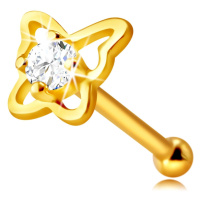 Zlatý piercing do nosu z 9K zlata - kontura motýla s kulatým zirkonem čiré barvy, 4 mm