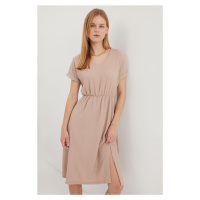 Bigdart 2378 V Neck Slit Knitted Dress - Biscuit