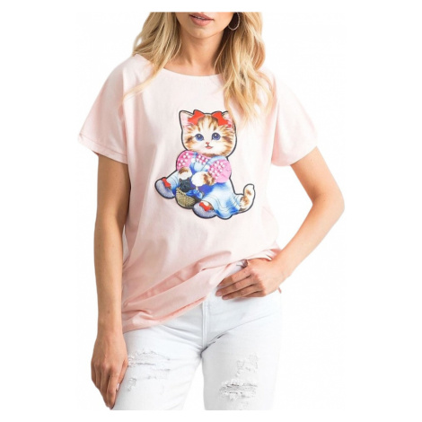 Dámské světle růžové tričko s potiskem kočky BASIC