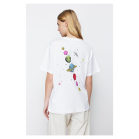 Trendyol White 100 Cotton Front and Back Galaxy Printed Oversize/Wide Crew Neck Knitted T-Shirt
