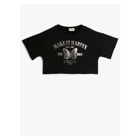 Koton Crop T-Shirt Motto Printed Short Sleeve Crew Neck Cotton