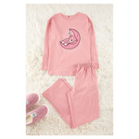 Trendyol Dusty Rose 100% Cotton Teddy Bear and Galaxy Printed Knitted Pajama Set