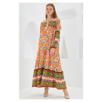 Bigdart Women's Orange Green Patterned Long Viscose Dress 1947