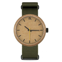 Dřevěné pánské hodinky zeleno-béžové barvy s textilním řemínkem