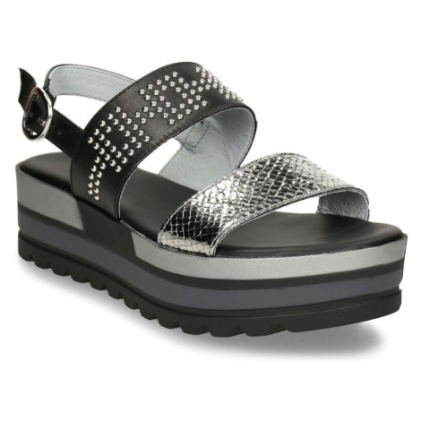 Černo-stříbrné dámské kožené sandály na platformě Nero Giardini