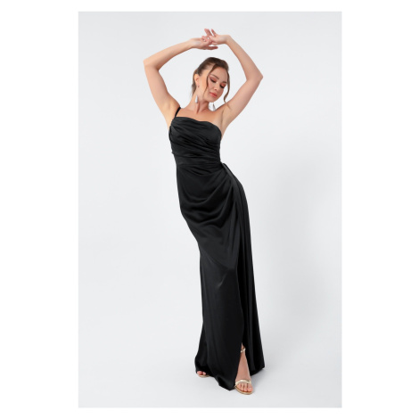 Lafaba Dámské černé saténové večerní šaty na jedno rameno a promoční šaty