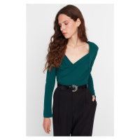 Trendyol Emerald Green Waistband Draped Detail Fitted/Situated Elastic Snaps Knitted Bodysuit