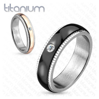 Prsten z titanu, stříbrná barva, černý pás se zirkonem, vroubky, 6 mm