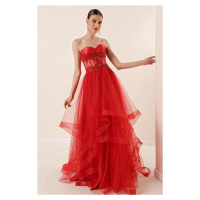 By Saygı Long Evening Dress in Tulle Taffeta with Beads Embellishment.