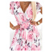 LISA - Plisované dámské midi šaty s výstřihem, volánky a se vzorem velkých růží na bílém pozadí 