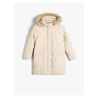 Koton Oversize Long Coat Quilted Faux Fur Detail Hooded Inner Plush Lined Covered Pocket Zipper