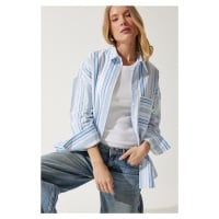 Happiness İstanbul Women's White Blue Striped Cotton Oversize Shirt