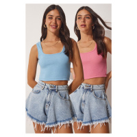 Happiness İstanbul Women's Sky Blue Pink Strappy Crop 2-Pack Knitted Blouse