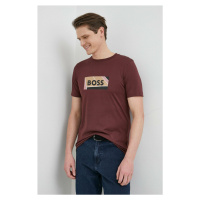 Bavlněné tričko BOSS vínová barva, s potiskem