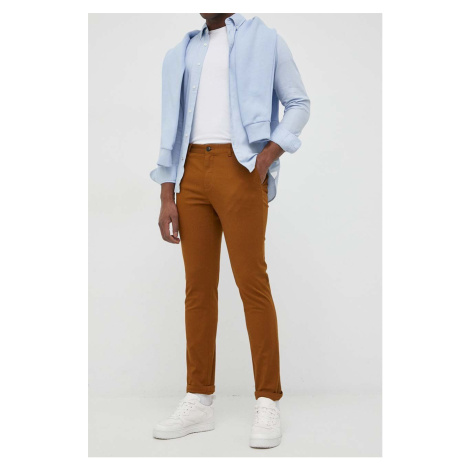 Kalhoty Sisley pánské, hnědá barva, přiléhavé