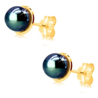 Zlaté náušnice 585 - malý lesklý kruh s modrou kulatou perlou, puzetky