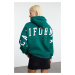 Trendyol Emerald Green Slogan Printed Oversize/Wide Fit Thick Inside Fleece Knitted Sweatshirt